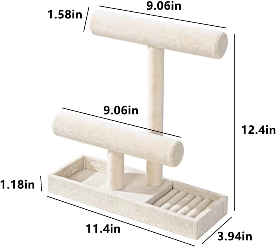 Coward 2 Tier Necklace Bracelet Holder Organizer With ring Tray, Multi-use Jewelry Display Stand For Necklace Bracelet Bangle Watch Scrunchie (Beige/no Lid)