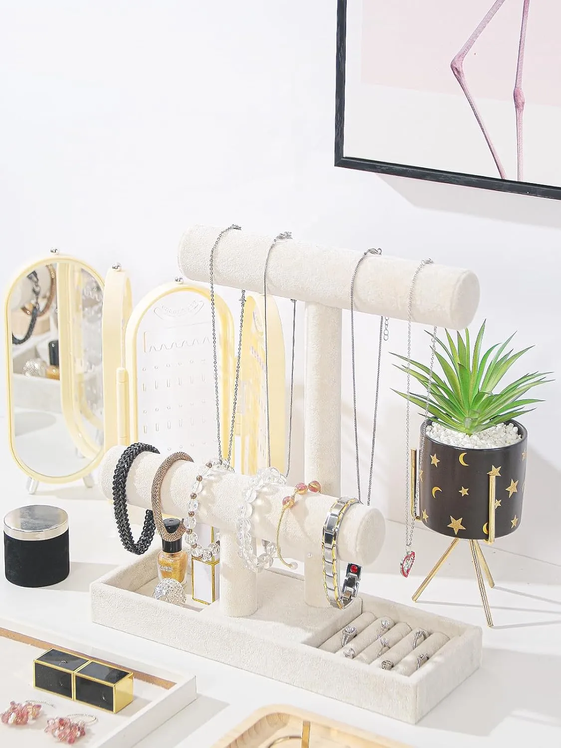 Coward 2 Tier Necklace Bracelet Holder Organizer With ring Tray, Multi-use Jewelry Display Stand For Necklace Bracelet Bangle Watch Scrunchie (Beige/no Lid)