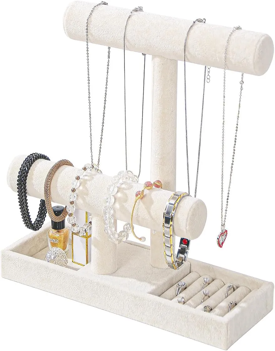 Coward 2 Tier Necklace Bracelet Holder Organizer With ring Tray, Multi-use Jewelry Display Stand For Necklace Bracelet Bangle Watch Scrunchie (Beige/no Lid)