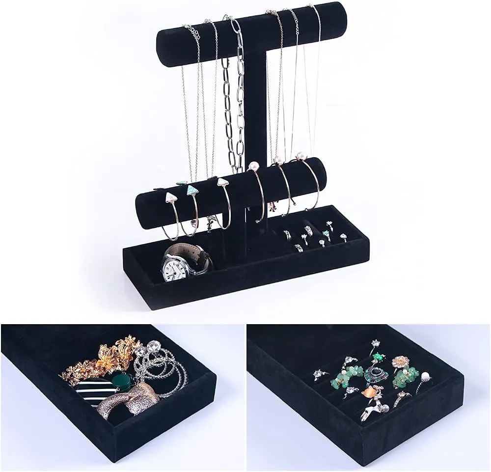 Coward 2 Tier Necklace Bracelet Holder Organizer With ring Tray, Multi-use Jewelry Display Stand For Necklace Bracelet Bangle Watch Scrunchie (Black/no Lid)
