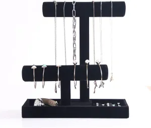 Coward 2 Tier Necklace Bracelet Holder Organizer With ring Tray, Multi-use Jewelry Display Stand For Necklace Bracelet Bangle Watch Scrunchie (Black/no Lid)
