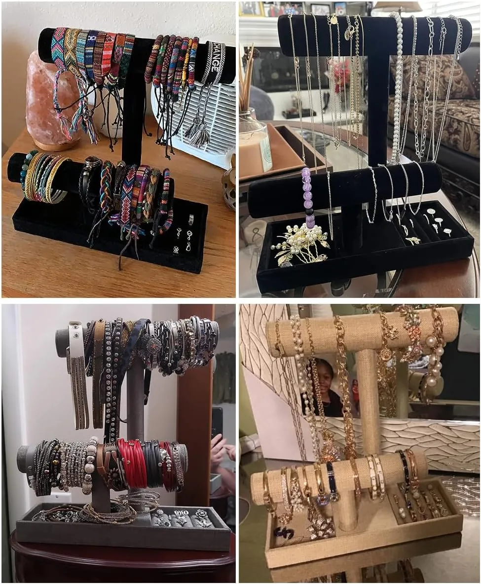 Coward 2 Tier Necklace Bracelet Holder Organizer With ring Tray, Multi-use Jewelry Display Stand For Necklace Bracelet Bangle Watch Scrunchie (Black/no Lid)