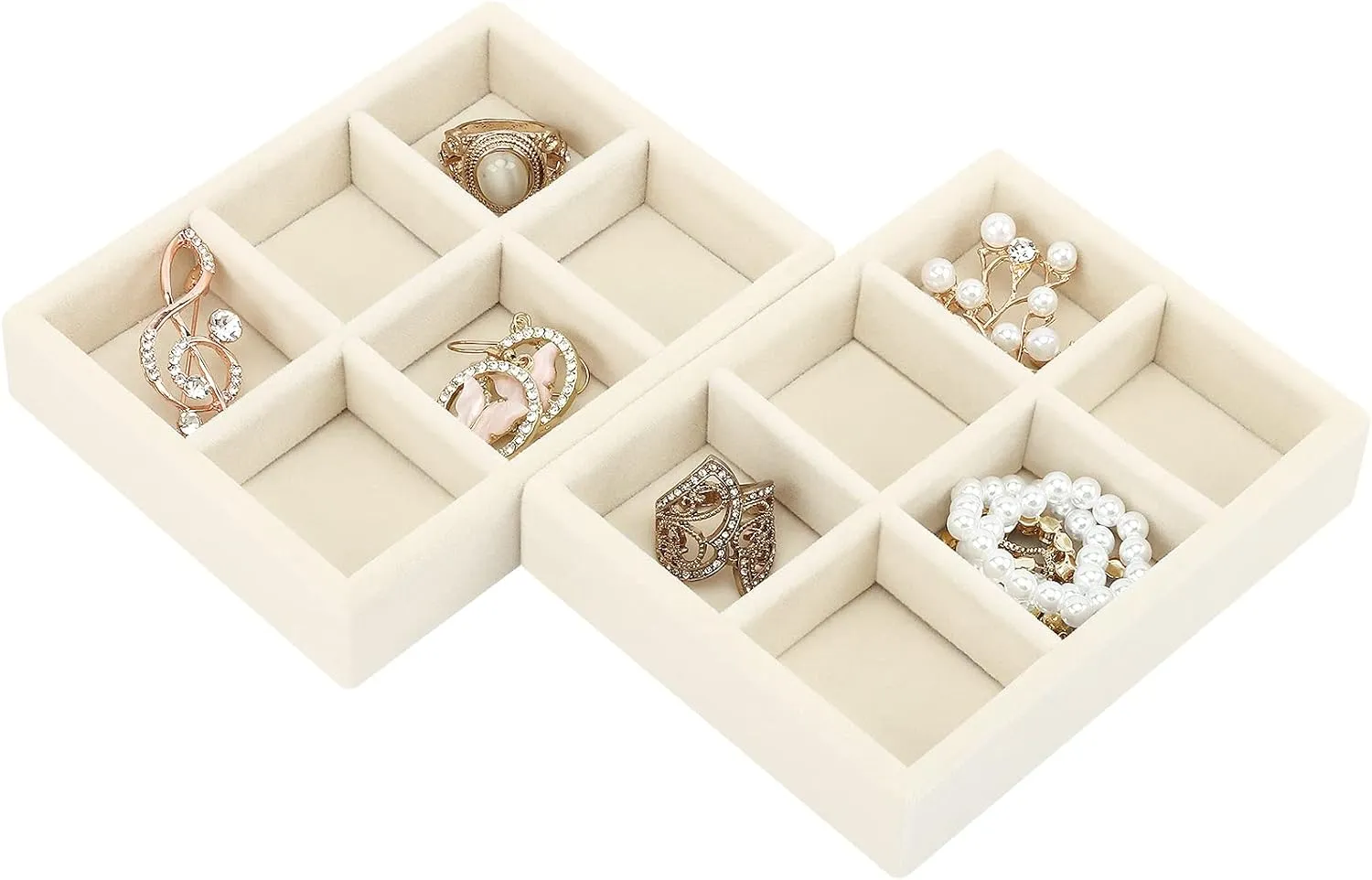DesignSter Small Jewelry Tray-Ring Organizer 2PCS Premium Velvet Rings Earrings Display Tray Storage Insert Holder for Jewelry Box, Drawer, Dresser (6 Grids, Beige)
