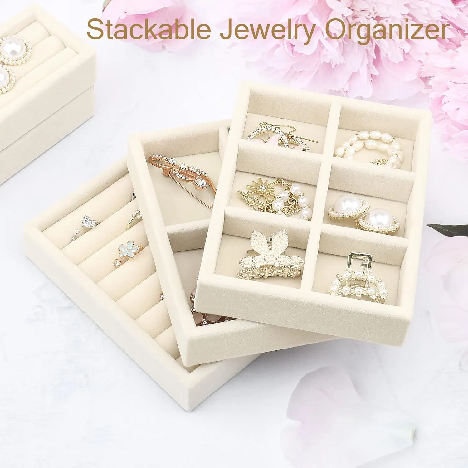 DesignSter Small Jewelry Tray-Ring Organizer 2PCS Premium Velvet Rings Earrings Display Tray Storage Insert Holder for Jewelry Box, Drawer, Dresser (6 Grids, Beige)