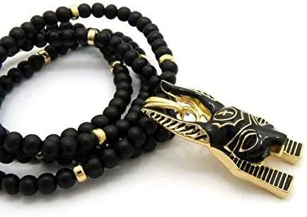 Egypt God Anubis Head Pendant 6mm 30" Wooden Bead Necklace in Gold, Silver Tone