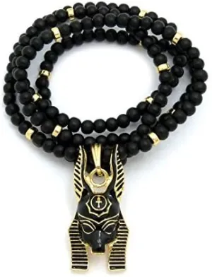 Egypt God Anubis Head Pendant 6mm 30" Wooden Bead Necklace in Gold, Silver Tone