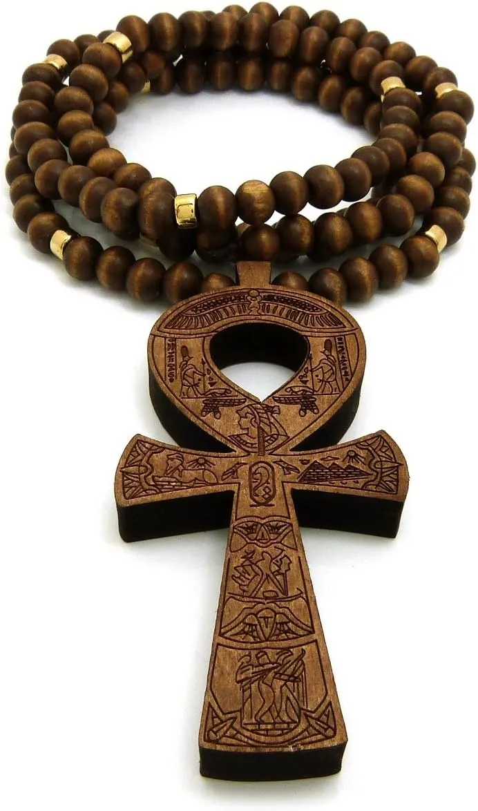 Egypt Key of Life Ankh Pendant 8mm 36" Wooden Bead Necklace in Black, Brown Tone