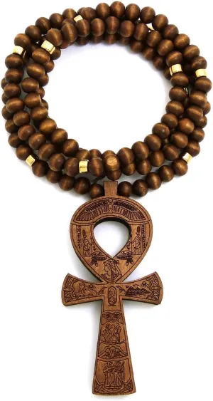 Egypt Key of Life Ankh Pendant 8mm 36" Wooden Bead Necklace in Black, Brown Tone