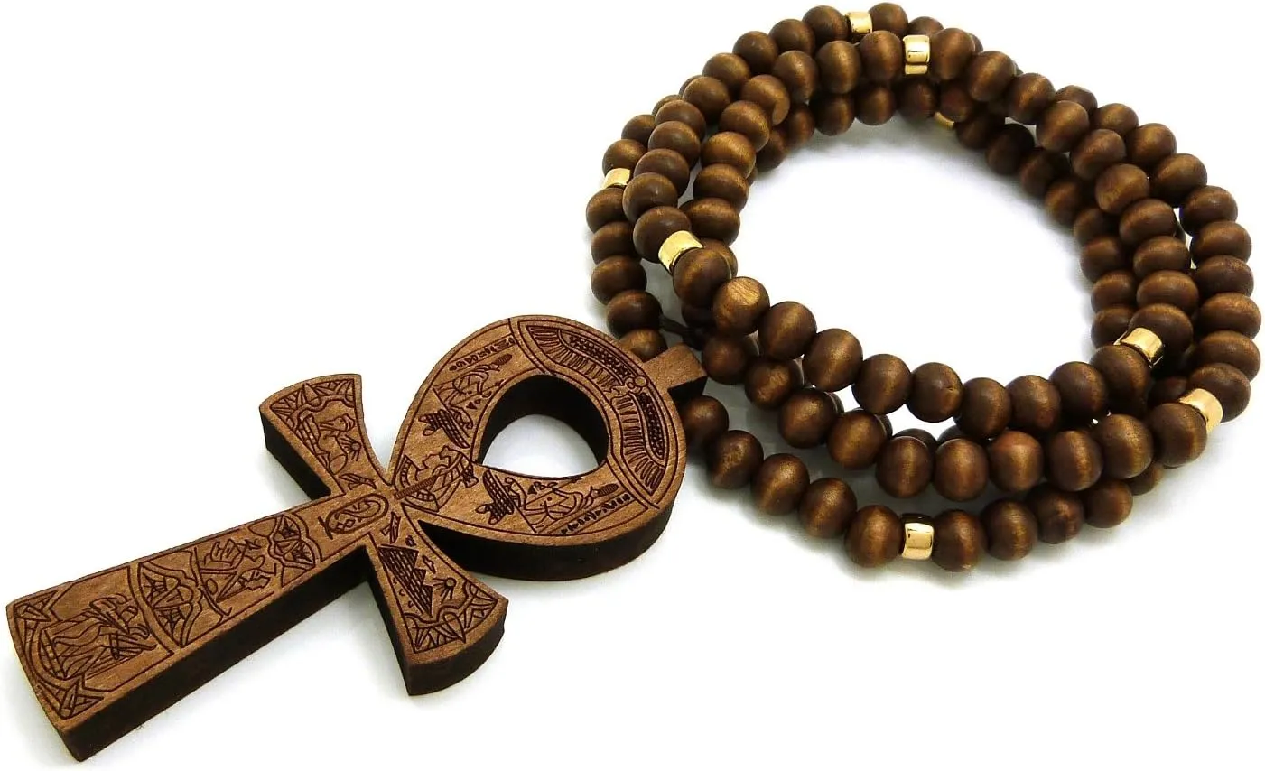 Egypt Key of Life Ankh Pendant 8mm 36" Wooden Bead Necklace in Black, Brown Tone