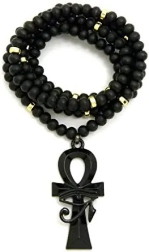 Egyptian Eye of Heru on Ankh Pendant 6mm 30" Wooden Bead Chain Necklace in Jet Black Tone (Gold Metal Joint Piece Wood)