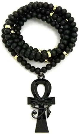 Egyptian Eye of Heru on Ankh Pendant 6mm 30" Wooden Bead Chain Necklace in Jet Black Tone (Gold Metal Joint Piece Wood)