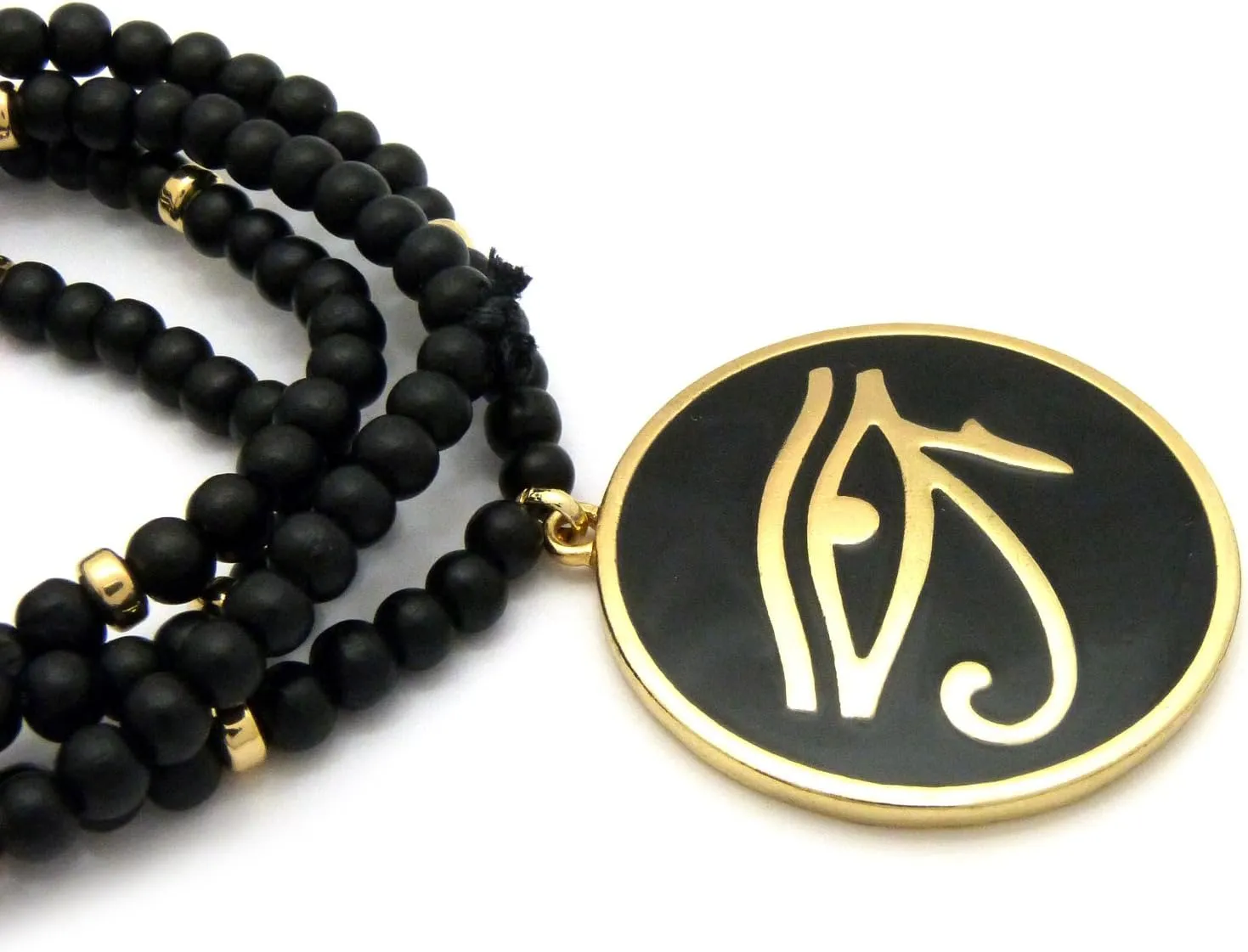 Egyptian Eye of Horus Round Pendant 6mm 30" Wooden Bead Necklace in Gold Black Tone