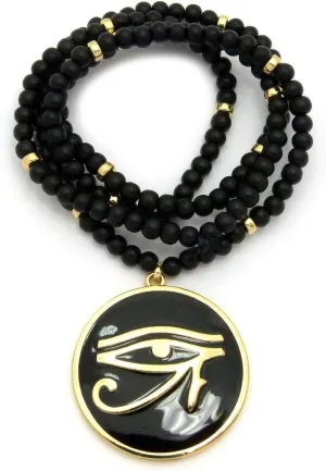 Egyptian Eye of Horus Round Pendant 6mm 30" Wooden Bead Necklace in Gold Black Tone