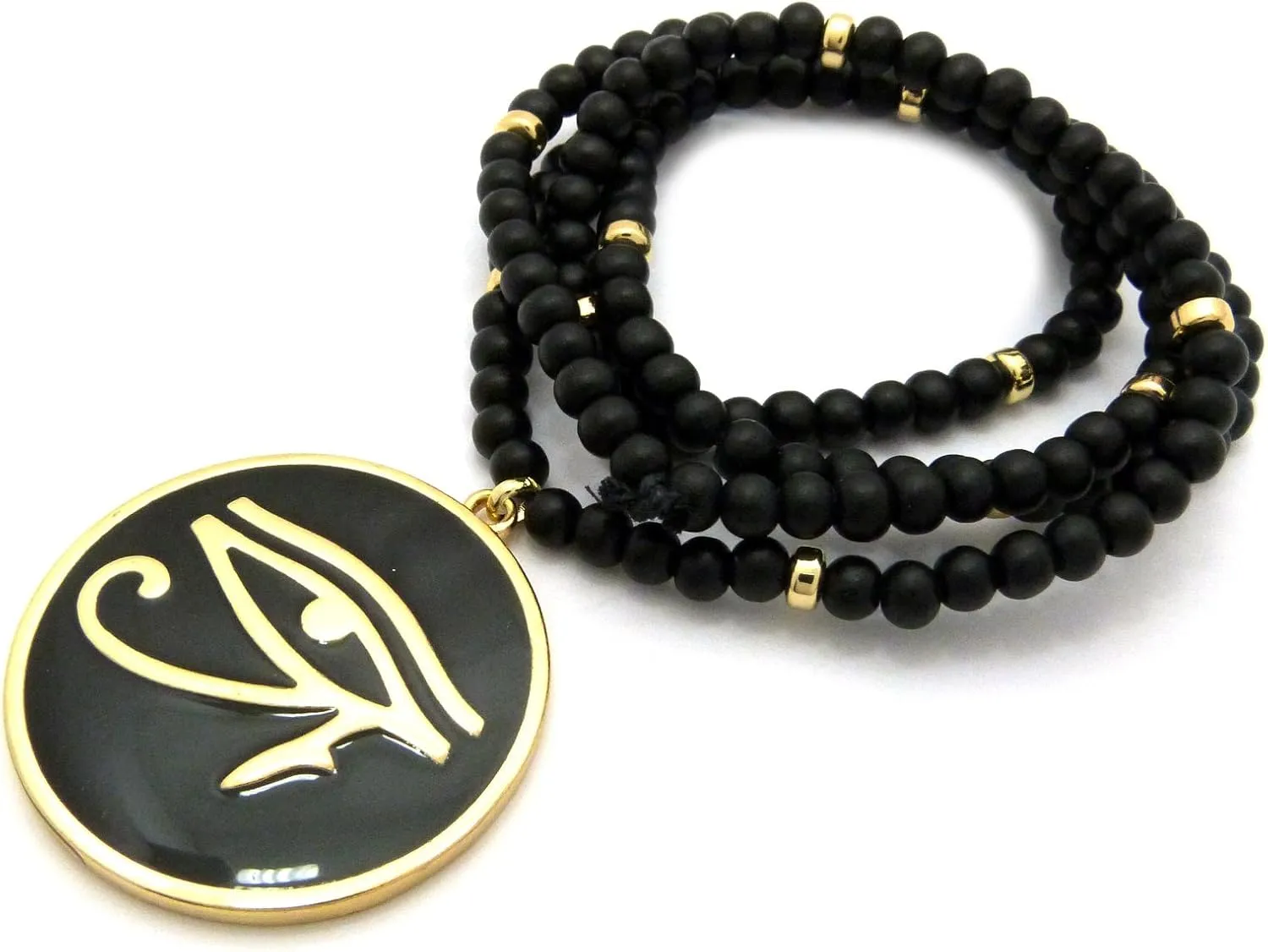 Egyptian Eye of Horus Round Pendant 6mm 30" Wooden Bead Necklace in Gold Black Tone