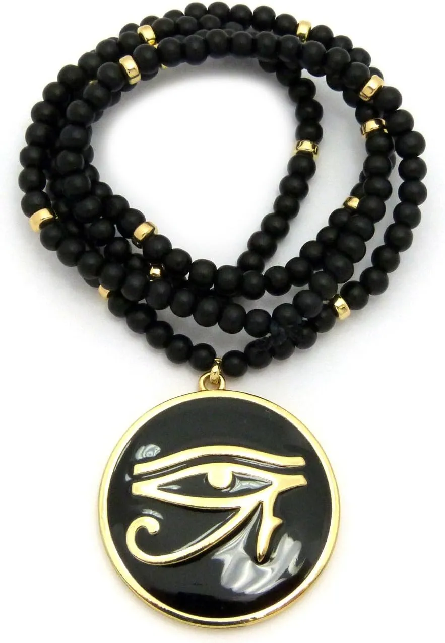Egyptian Eye of Horus Round Pendant 6mm 30" Wooden Bead Necklace in Gold Black Tone