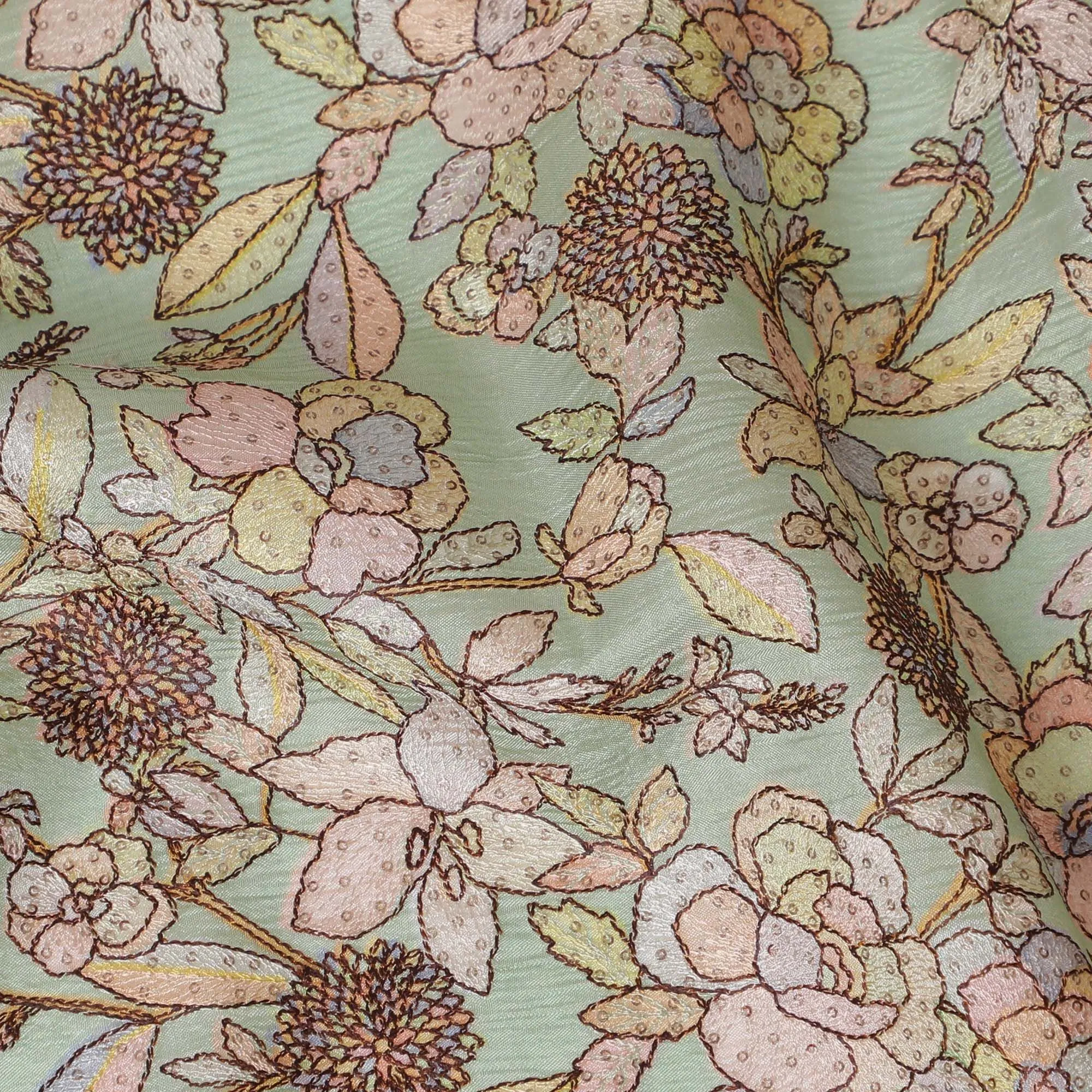 Elegant Tussar Silk Fabric with Floral Print, 110cm Width - Traditional Textile Art from India-D17916
