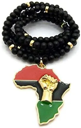 Fist Power in Pan African Colored Africa Map Pendant 6mm 30 inches Wooden Bead Necklace