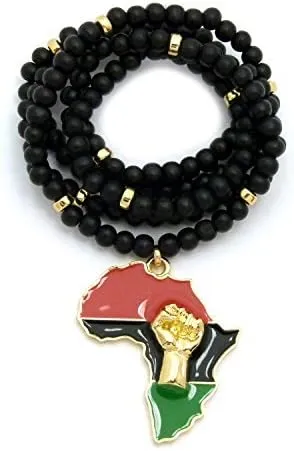 Fist Power in Pan African Colored Africa Map Pendant 6mm 30 inches Wooden Bead Necklace