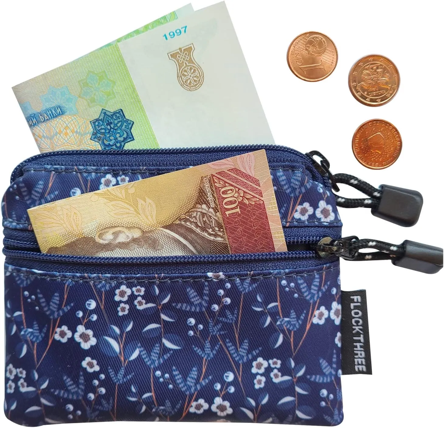 FLOCK THREE Small Coin Purse Pouch for Women with Zipper Mini Change Wallet Credit Card Holder Keychain Bag Cute Ladies Key Card Cases Money Organizers for Boys Girls (Blue Flower)