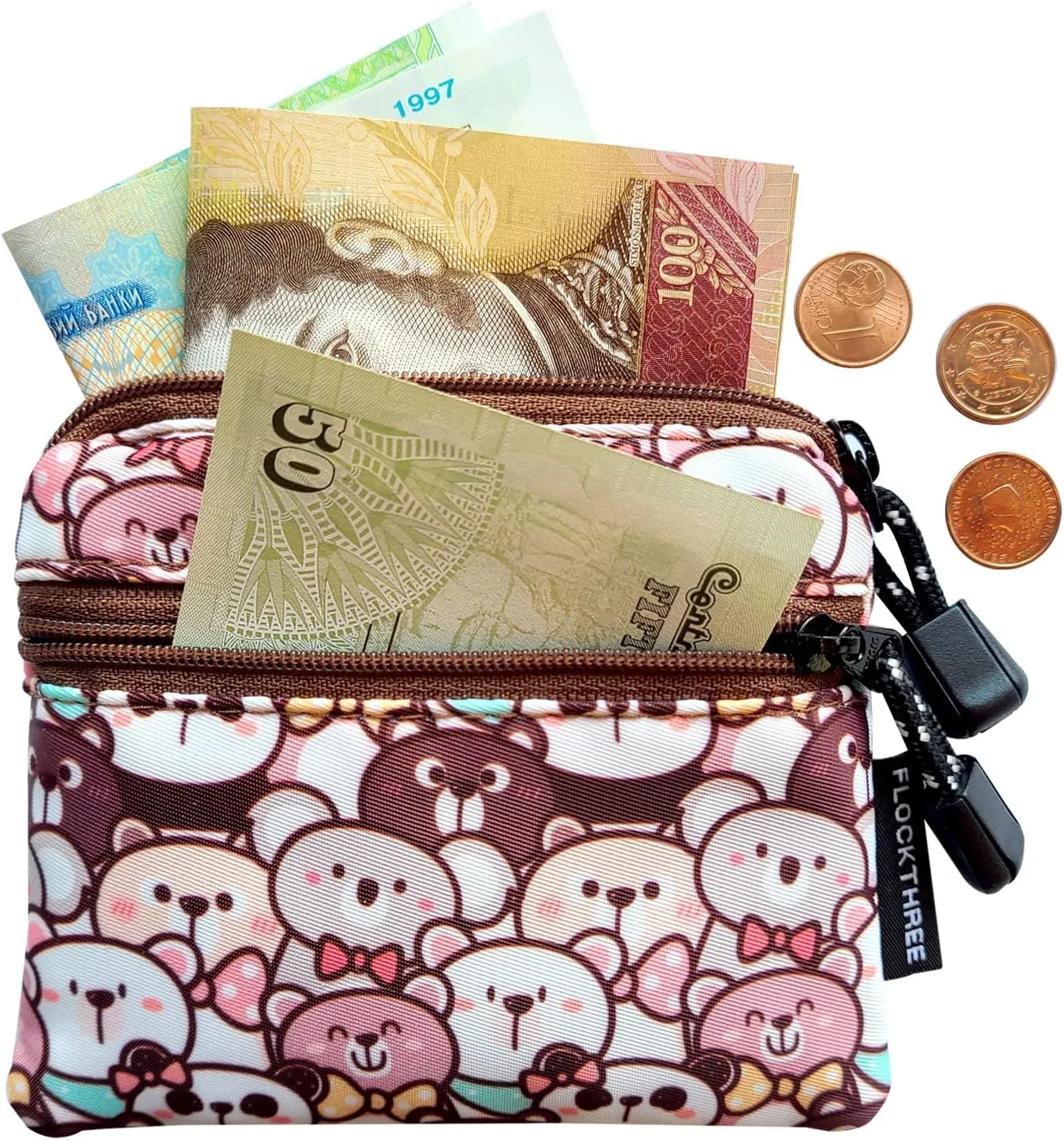 FLOCK THREE Small Coin Purse Pouch for Women with Zipper Mini Change Wallet Credit Card Holder Keychain Bag Cute Ladies Key Card Cases Money Organizers for Boys Girls (Fortune Bear)