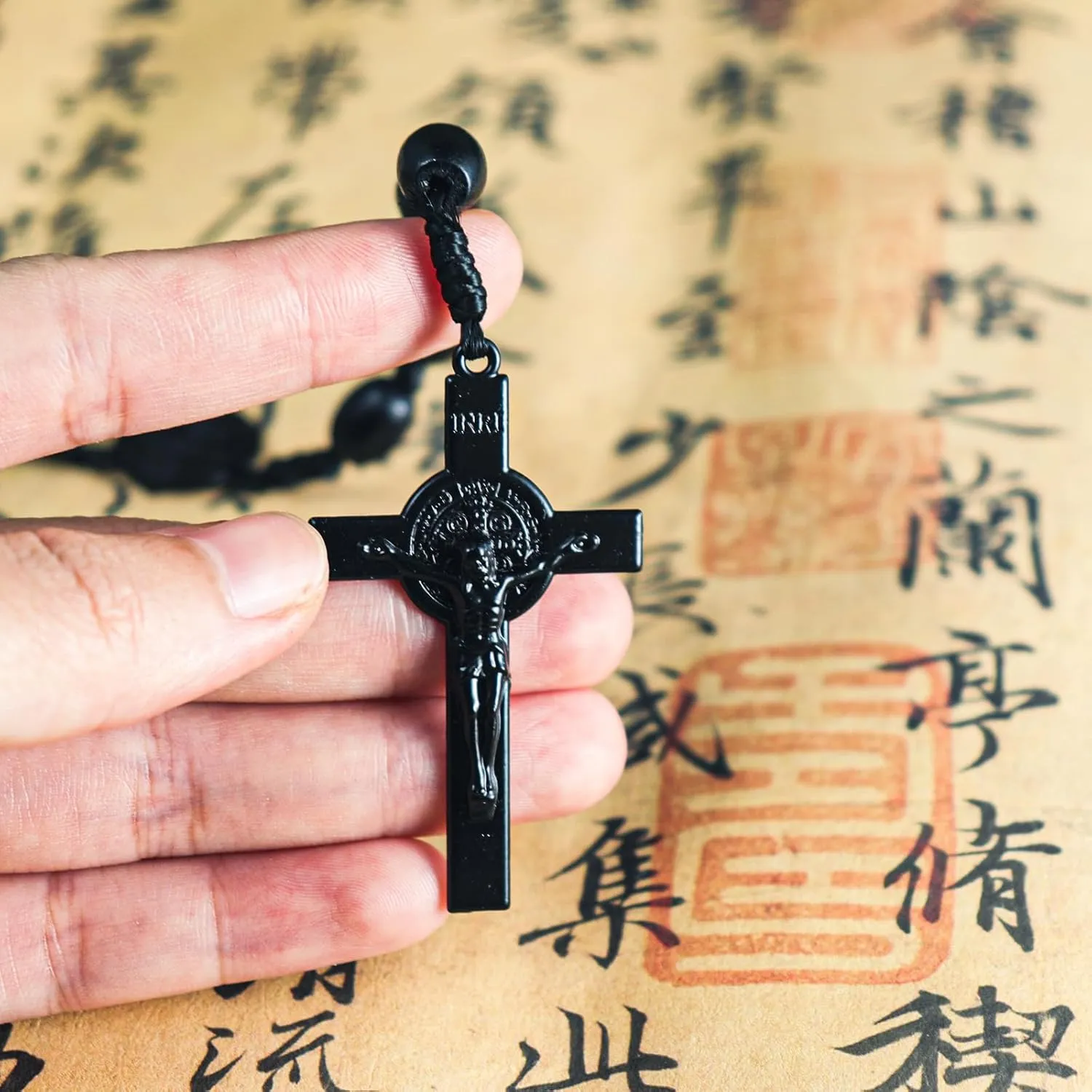 Fuqimanman2020 Christian Handmade Wooden Catholic Rosaries Necklace, Prayer Beads Holy Soil Medal & Cross, Catholic Wooden Rosary Beads