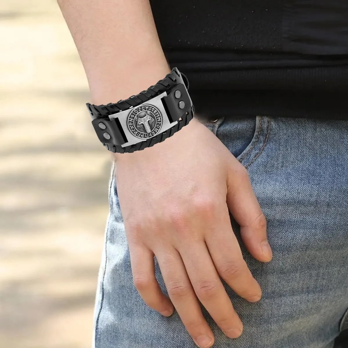 GelConnie Viking Bracelet Punk Leather Cuff Bracelet Gothic Leather Wristband Bracelet with Nordic Amulet Scandinavian Talisman Celtic Pagan Jewelry