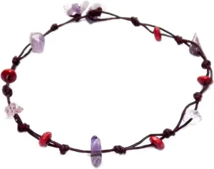 Handmade Anklet Purple Natural Stones Wood Cotton Cord Boho (P20)
