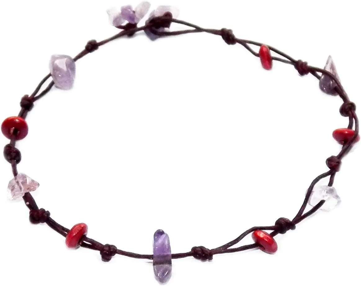 Handmade Anklet Purple Natural Stones Wood Cotton Cord Boho (P20)