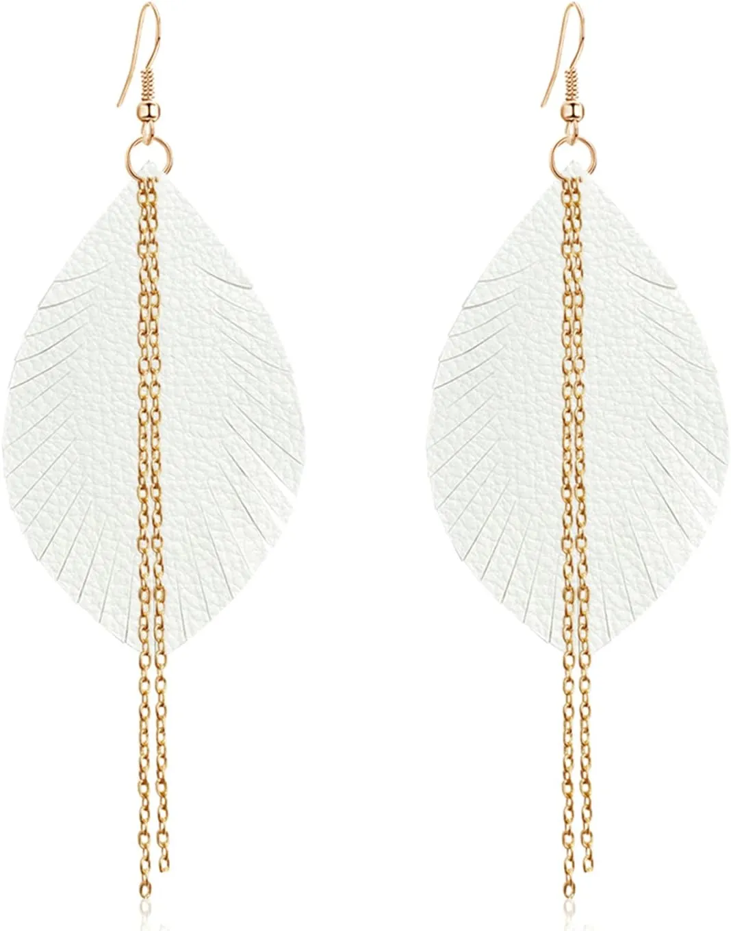Handmade Bohemian Lightweight Soft Leather Leaf Dangle Drop Earrings Minimalist Fashion Fringe Chain Feather Hook Earrings for Women Girls