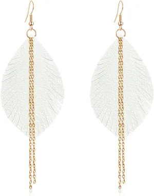 Handmade Bohemian Lightweight Soft Leather Leaf Dangle Drop Earrings Minimalist Fashion Fringe Chain Feather Hook Earrings for Women Girls