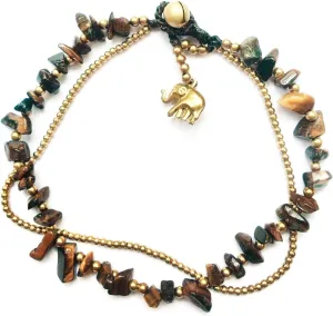 Handmade Brown Jasper Stone Elephant Charm Brass Beads Anklet Bracelet 10 Inches