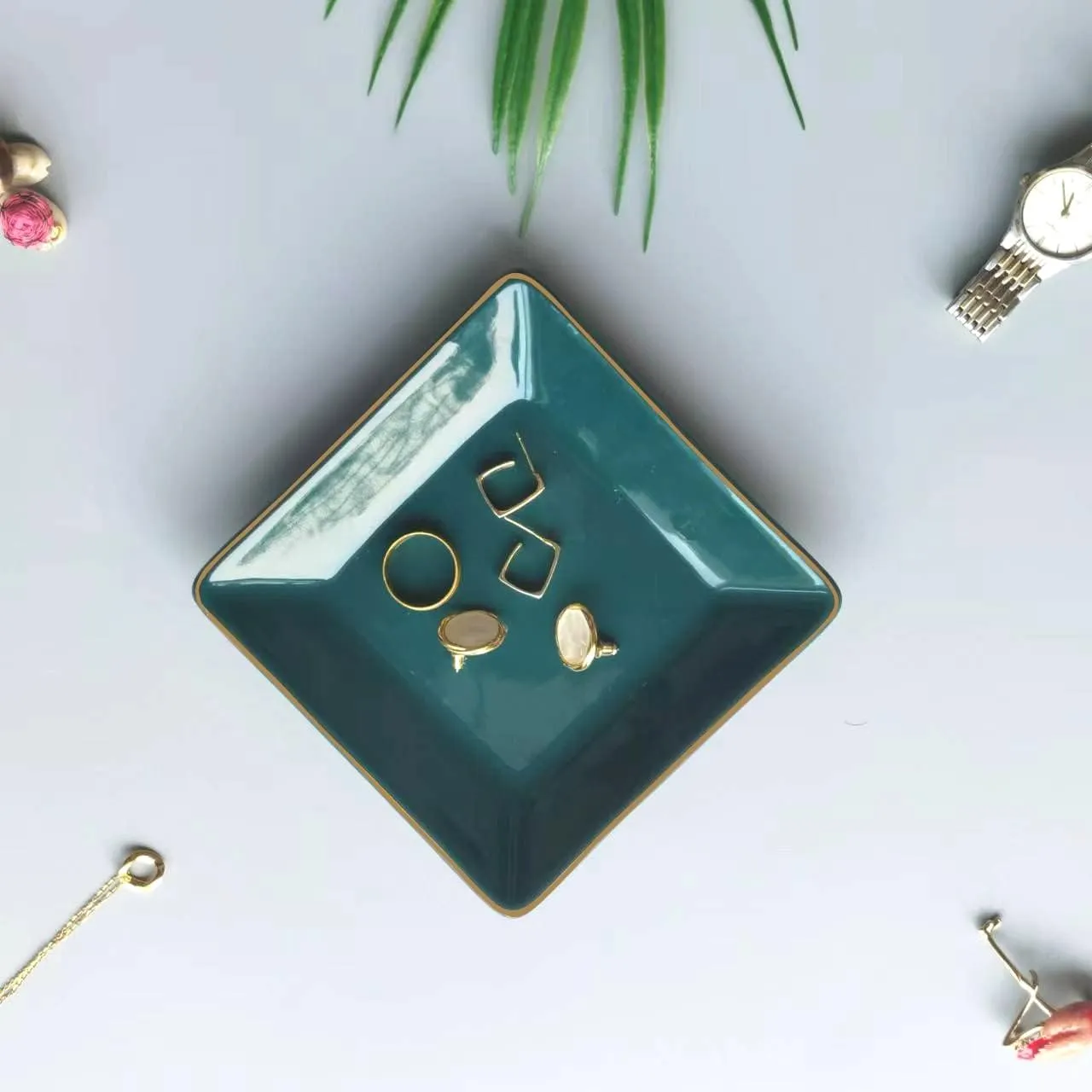 HANKOR Ceramic Jewelry Dish Tray, Decorative Trinket Tray Holder for Ring Earring Key, Gift for Women Girls, 4.7inch, Green