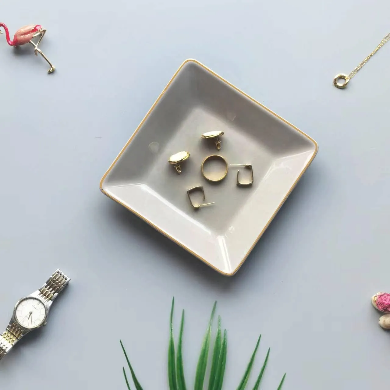 HANKOR Ceramic Jewelry Dish Tray, Decorative Trinket Tray Holder for Ring Earring Key, Gift for Women Girls, 4.7inch, Light Gray