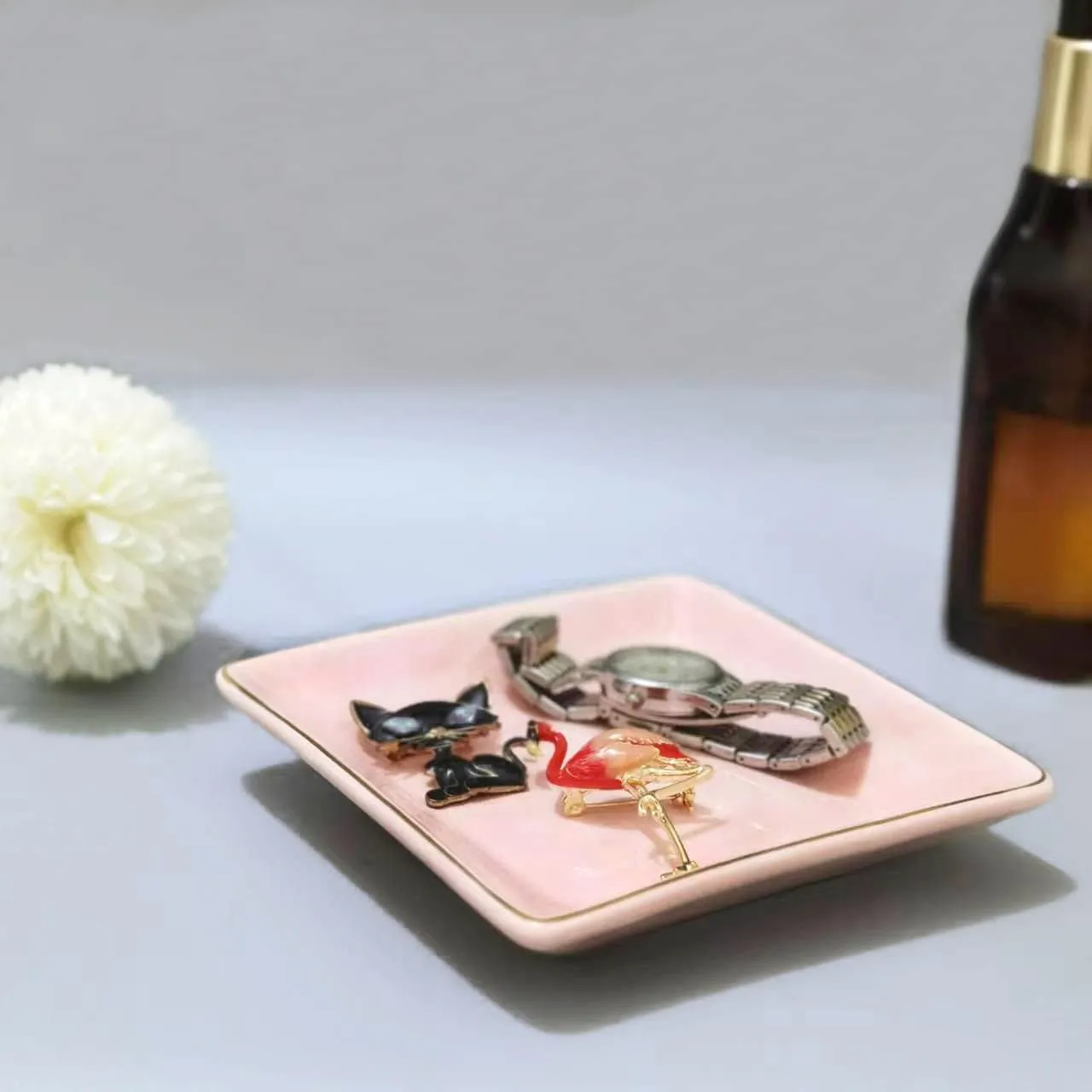 HANKOR Ceramic Jewelry Dish Tray, Decorative Trinket Tray Holder for Ring Earring Key, Gift for Women Girls, 4.7inch, Pink