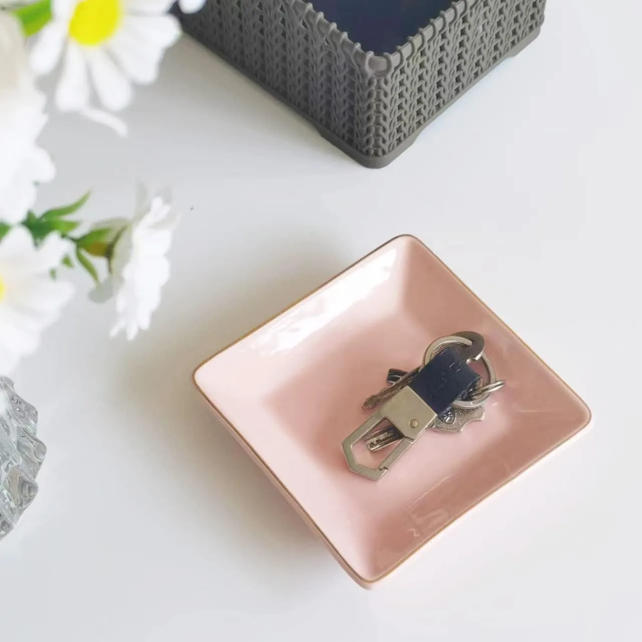HANKOR Ceramic Jewelry Dish Tray, Decorative Trinket Tray Holder for Ring Earring Key, Gift for Women Girls, 4.7inch, Pink
