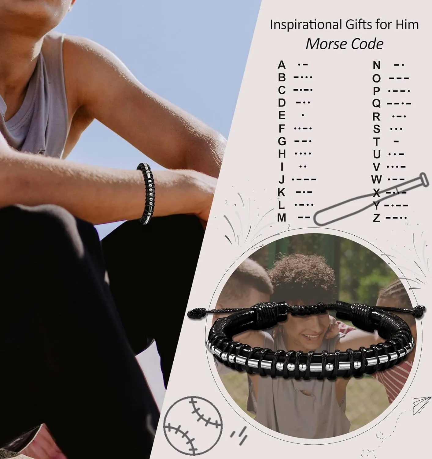 Inspirational Gifts Morse Code Bracelet for Mens Sobriety Gifts Black Leather Bracelet Wallet Card, Easter Fathers Day Birthday Gifts for Men Graduation Gifts for Him Grandson Son Brother