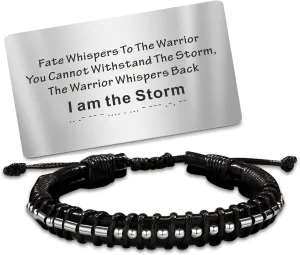 Inspirational Gifts Morse Code Bracelet for Mens Sobriety Gifts Black Leather Bracelet Wallet Card, Easter Fathers Day Birthday Gifts for Men Graduation Gifts for Him Grandson Son Brother
