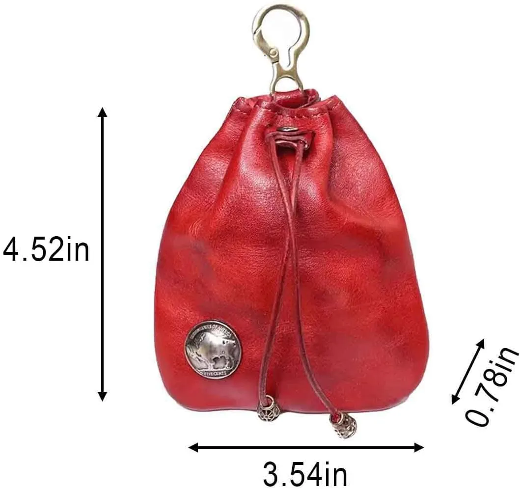 JSBWSFA 1Pcs Medieval Genuine Leather Drawstring Change Purse Key Ring Purse Coin Organizer Drawstring Gift Bag Jewelry Storage Bag Mini Multifunction Walle for Men & Women (Red)