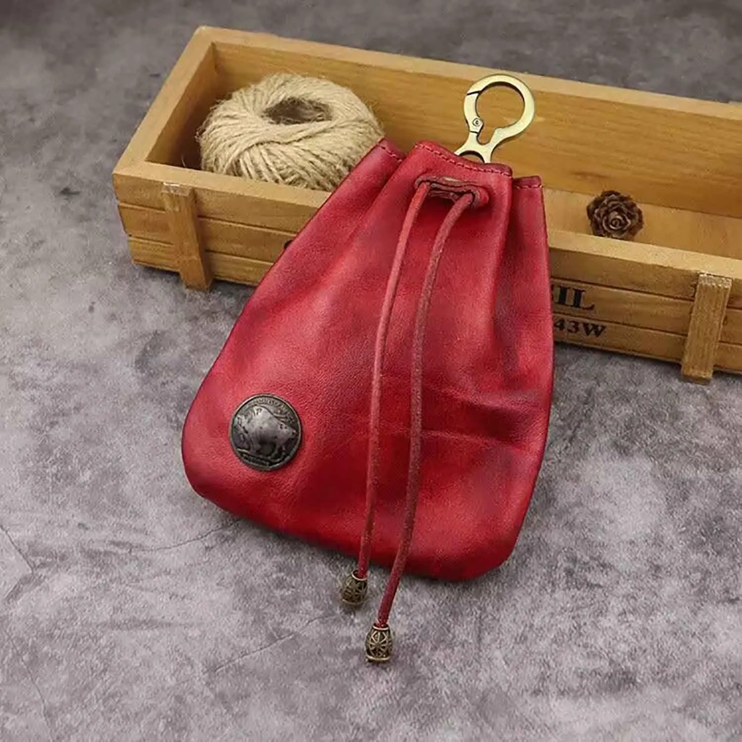 JSBWSFA 1Pcs Medieval Genuine Leather Drawstring Change Purse Key Ring Purse Coin Organizer Drawstring Gift Bag Jewelry Storage Bag Mini Multifunction Walle for Men & Women (Red)
