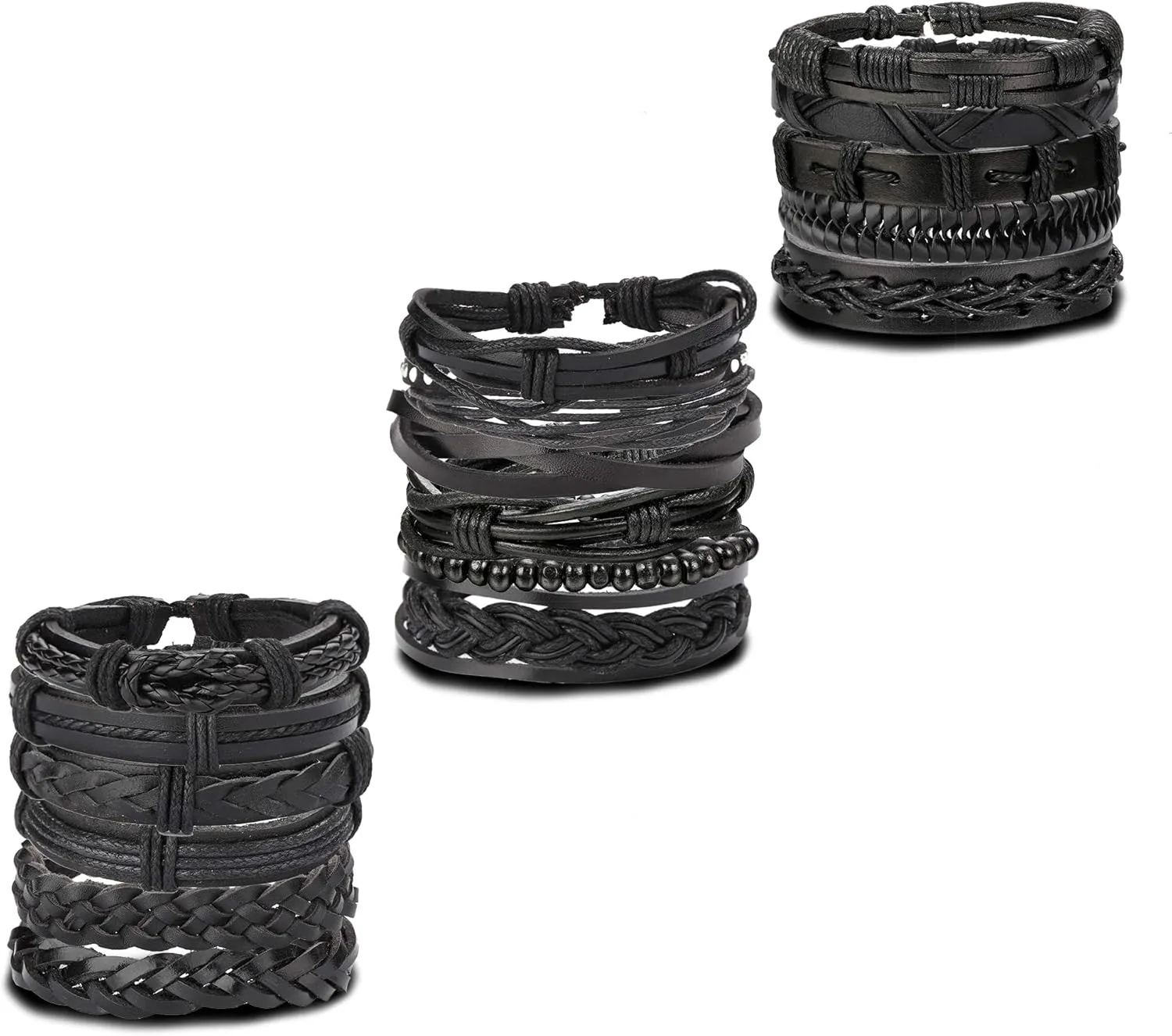 Jstyle 17Pcs Braided Leather Bracelet for Men Women Wooden Beaded Cuff Wrap Bracelet Adjustable