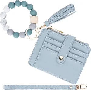 Keychain Wallet with Bracelet RFID Blocking Wristlet Credit Purse Card Holder, Silicone Bead Tassel Key Ring for Women