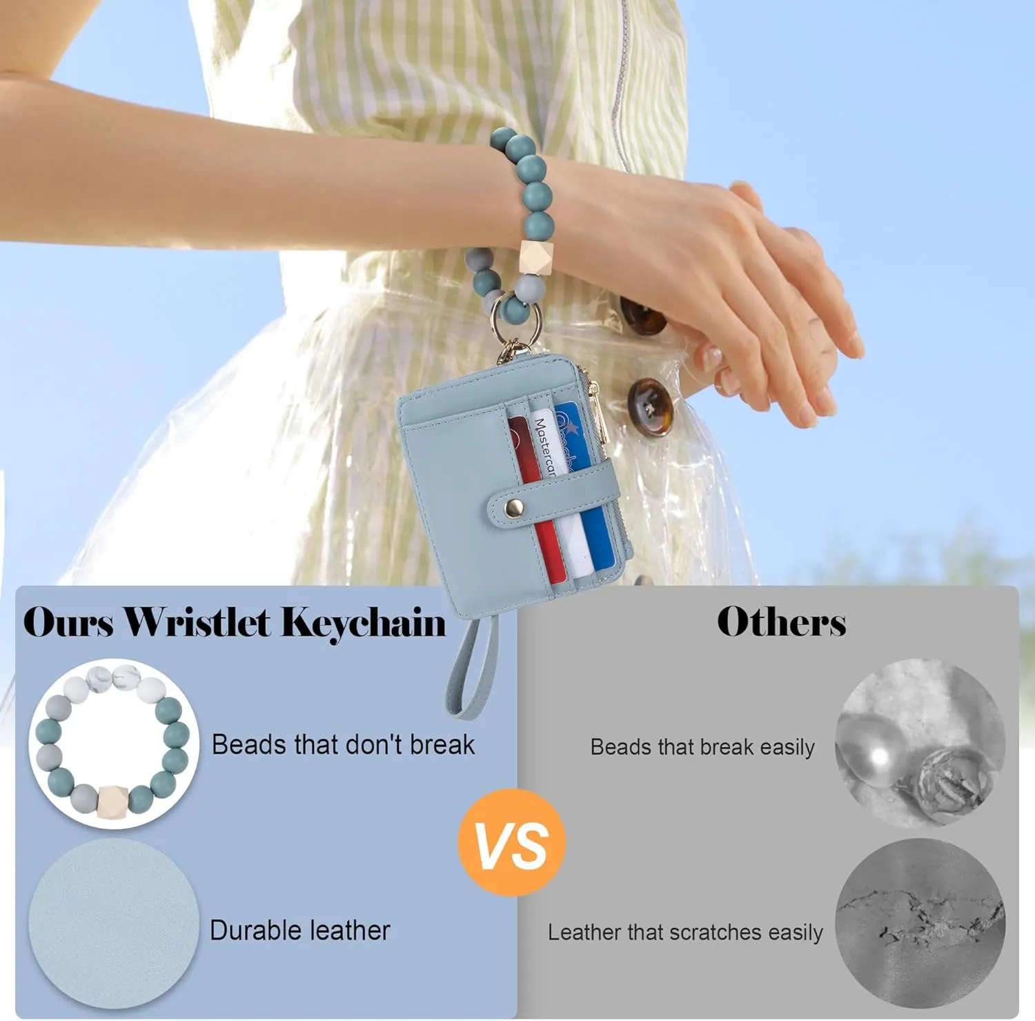 Keychain Wallet with Bracelet RFID Blocking Wristlet Credit Purse Card Holder, Silicone Bead Tassel Key Ring for Women