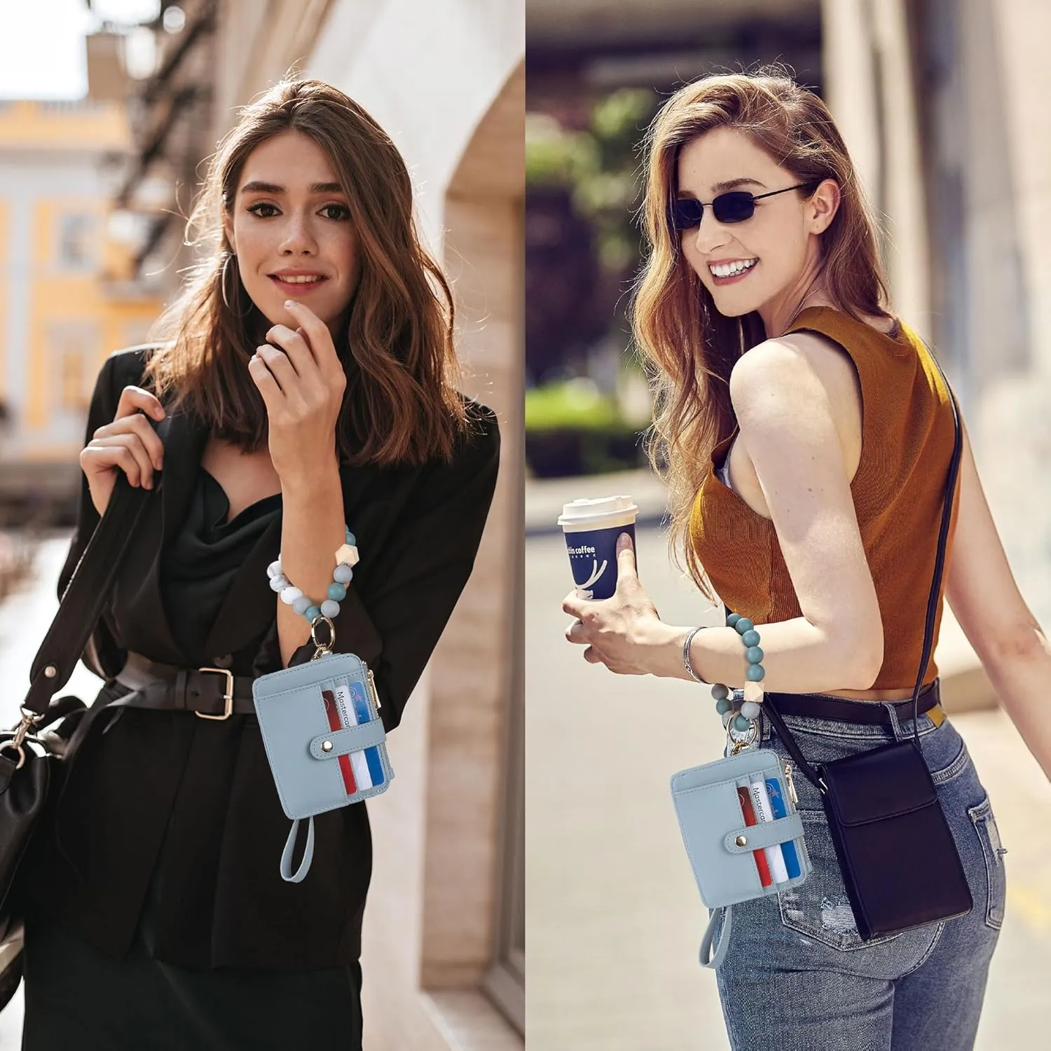 Keychain Wallet with Bracelet RFID Blocking Wristlet Credit Purse Card Holder, Silicone Bead Tassel Key Ring for Women