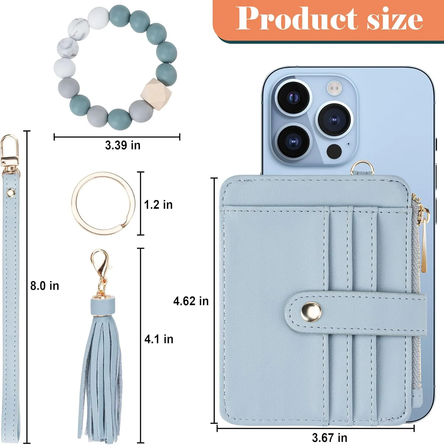 Keychain Wallet with Bracelet RFID Blocking Wristlet Credit Purse Card Holder, Silicone Bead Tassel Key Ring for Women