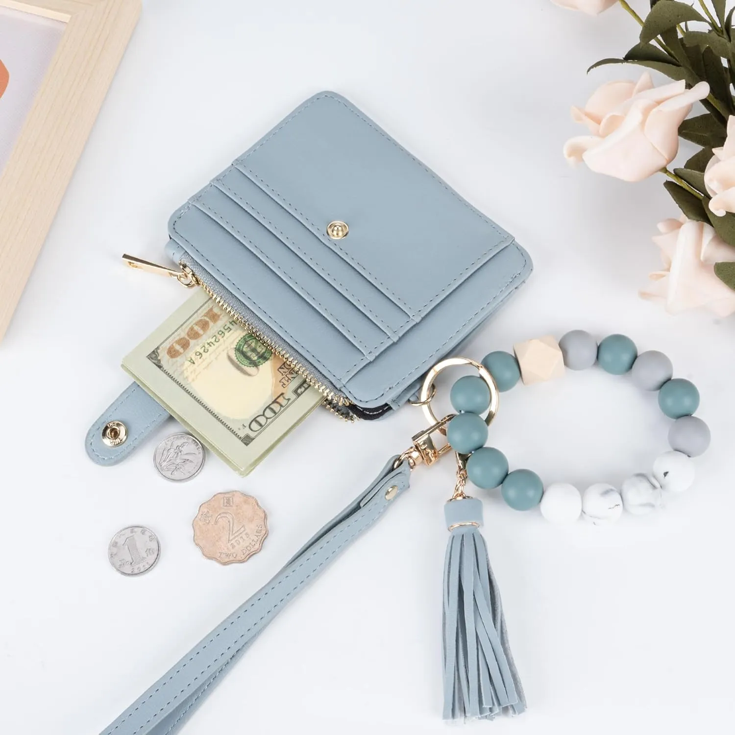 Keychain Wallet with Bracelet RFID Blocking Wristlet Credit Purse Card Holder, Silicone Bead Tassel Key Ring for Women
