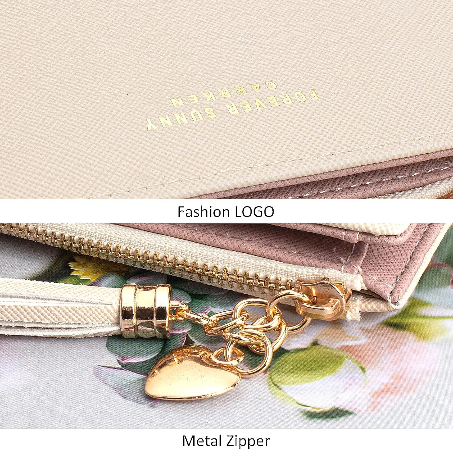 KOTORA Womens Slim Wallet Girls Thin Wallets Pretty Mini Long Card Holder Small Tiny Clutch Zip Purse Love Pendant Tassels Billfold (Beige)