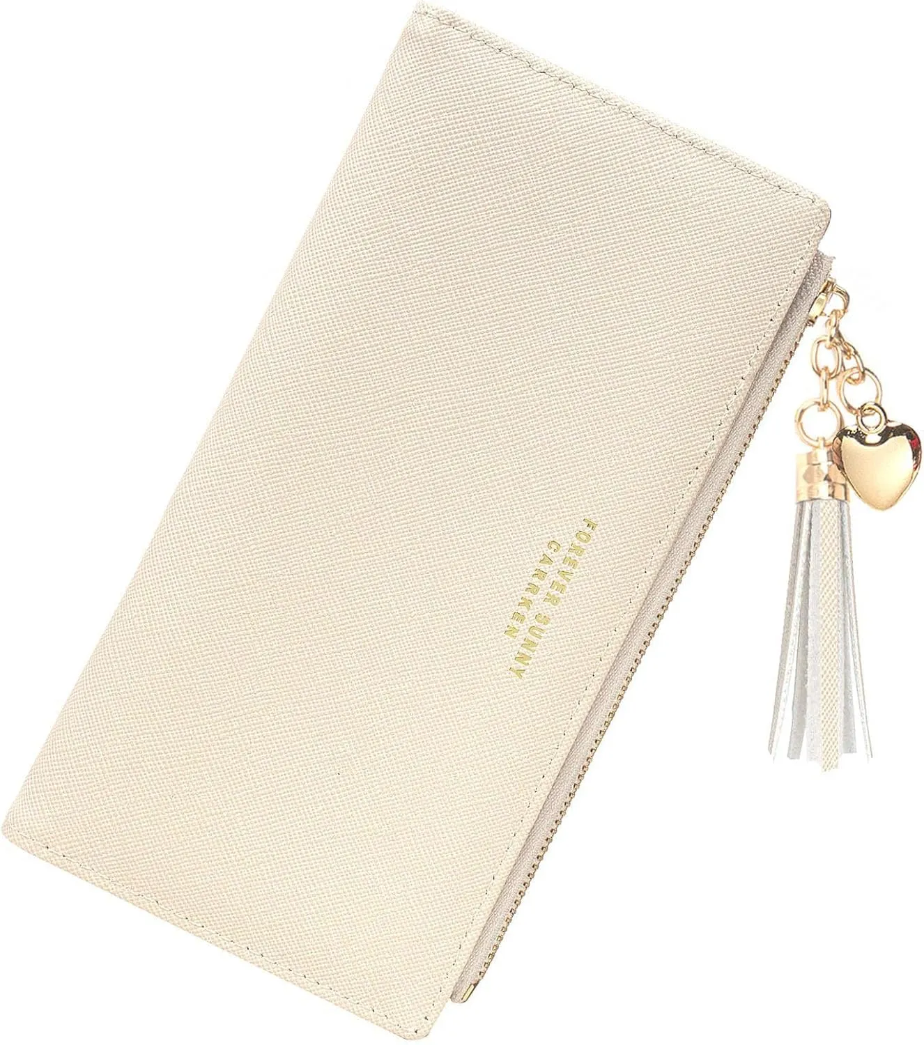 KOTORA Womens Slim Wallet Girls Thin Wallets Pretty Mini Long Card Holder Small Tiny Clutch Zip Purse Love Pendant Tassels Billfold (Beige)