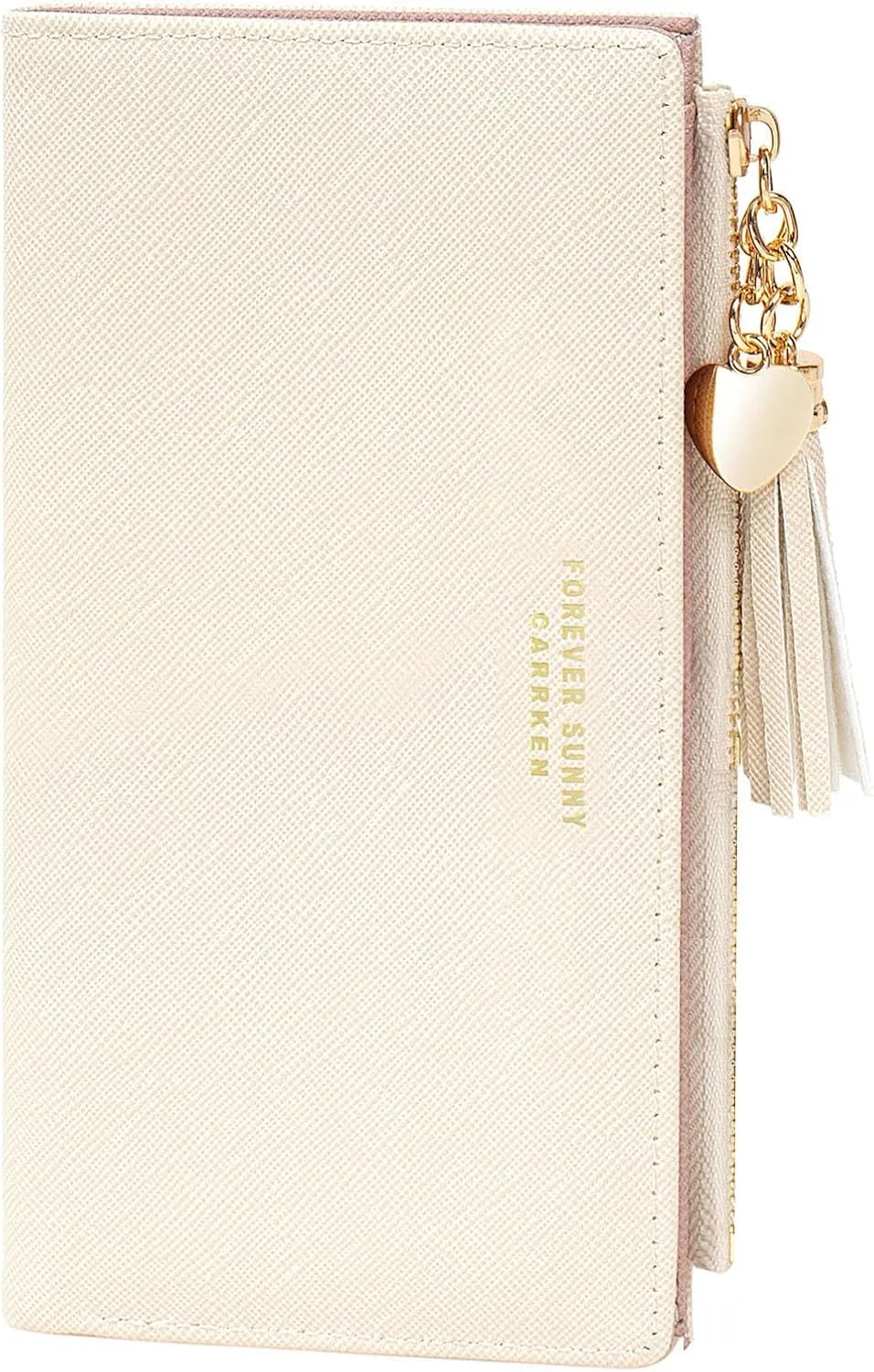 KOTORA Womens Slim Wallet Girls Thin Wallets Pretty Mini Long Card Holder Small Tiny Clutch Zip Purse Love Pendant Tassels Billfold (Beige)