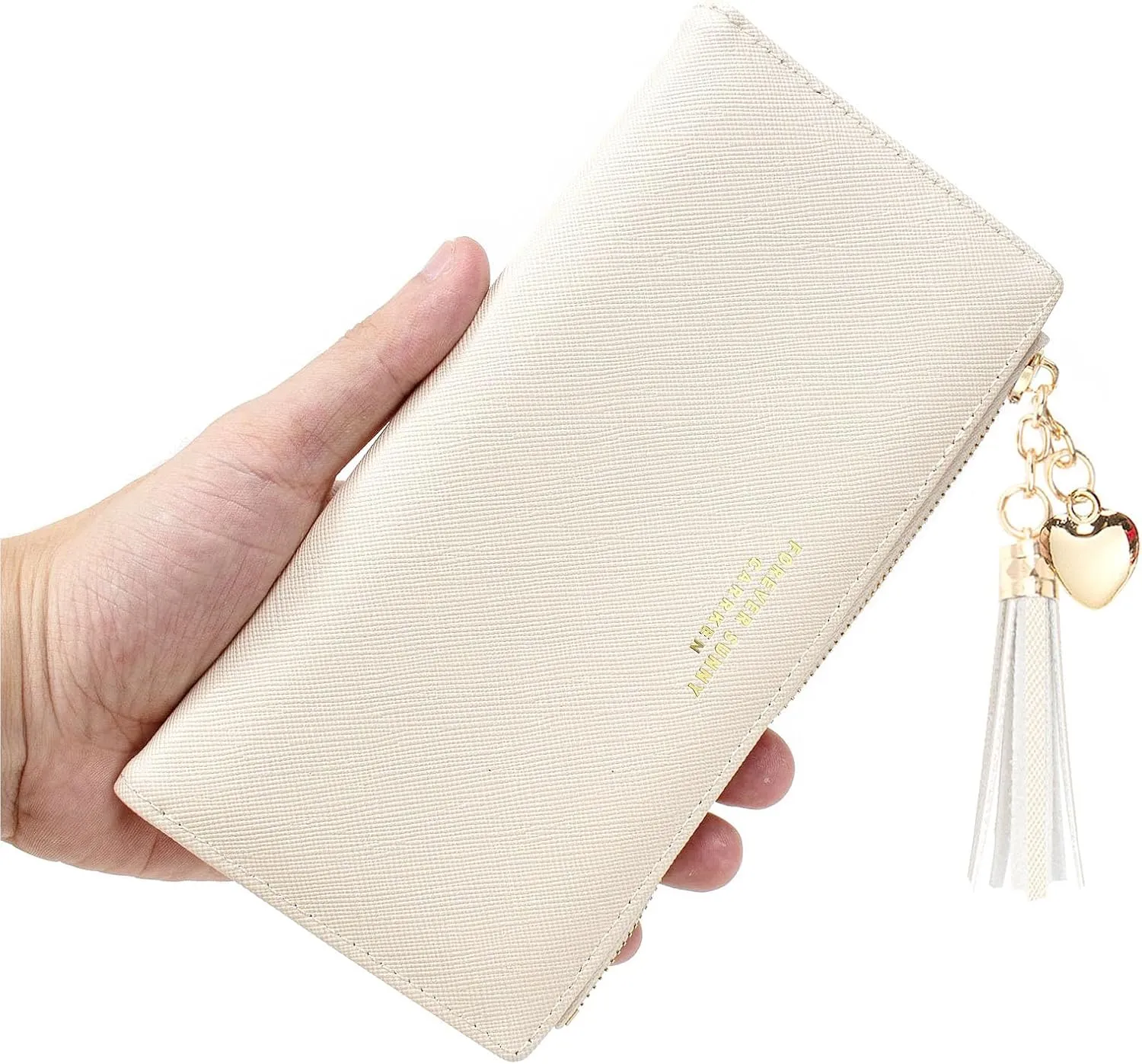 KOTORA Womens Slim Wallet Girls Thin Wallets Pretty Mini Long Card Holder Small Tiny Clutch Zip Purse Love Pendant Tassels Billfold (Beige)