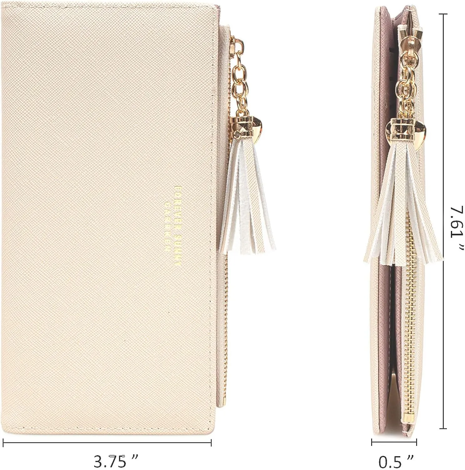 KOTORA Womens Slim Wallet Girls Thin Wallets Pretty Mini Long Card Holder Small Tiny Clutch Zip Purse Love Pendant Tassels Billfold (Beige)